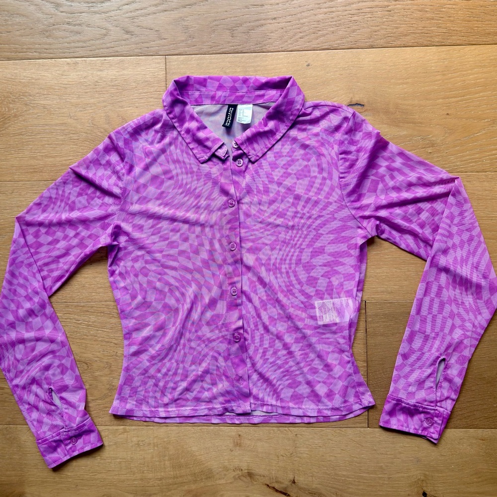 H&M Divided Mesh Sheer Rave Button Down Shirt Purple Checkerboard Womens Medium